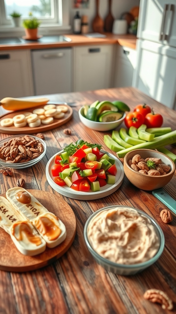 A variety of quick vegan snacks including banana slices with almond butter, cherry tomatoes with avocado, cucumber with hummus, and mixed nuts on a wooden table.